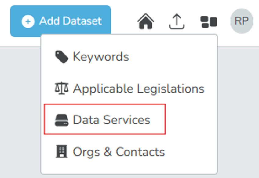 Screenshot of the data services navigation
